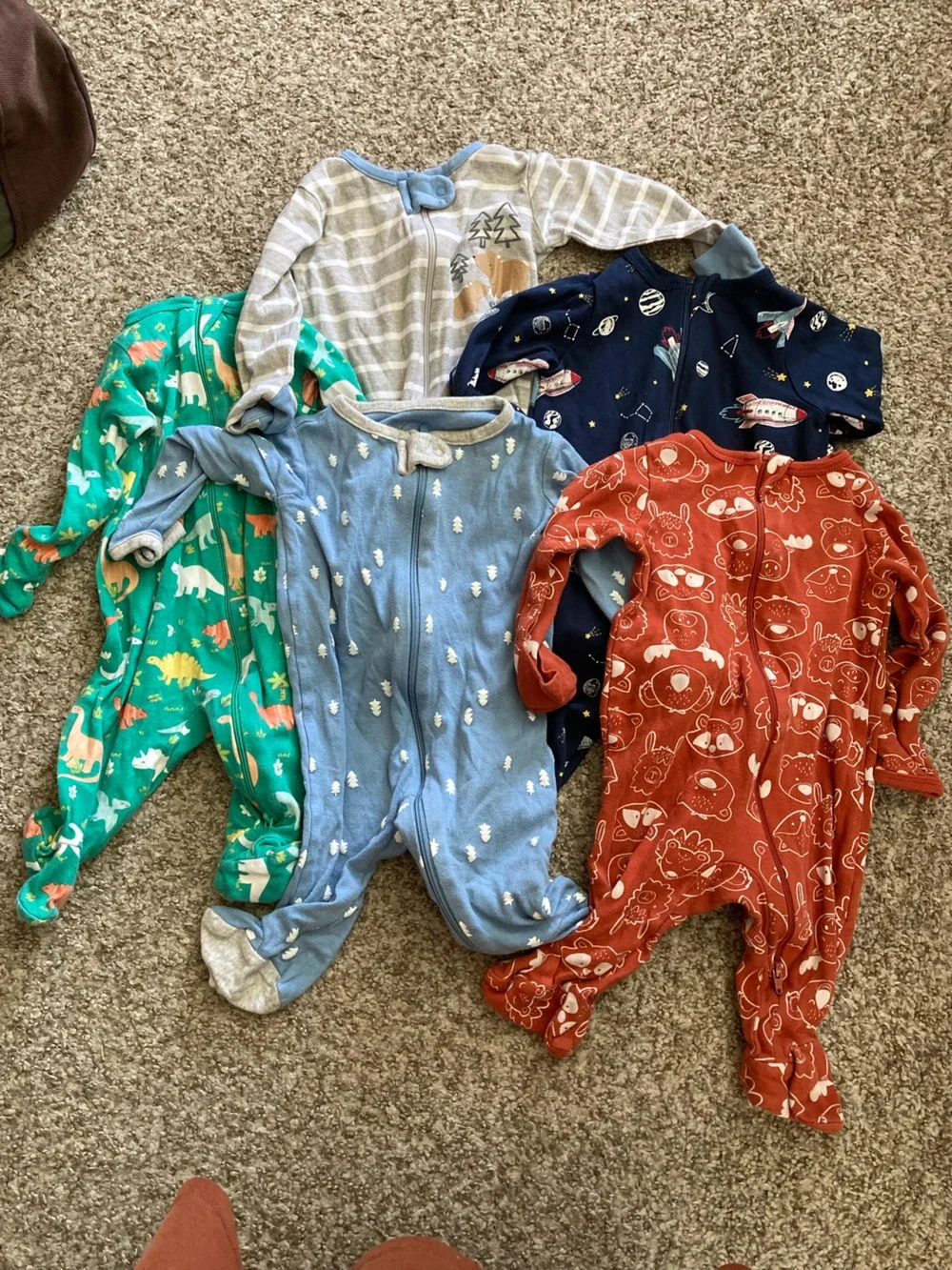 Assorted Kids One-Piece Sleepers - Blue, Green, Navy, Red, Gray Set